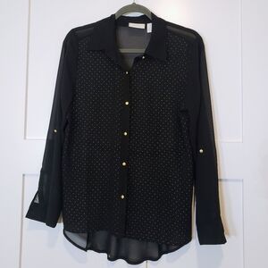 Chico's Button Down Tunic Blouse Black Gold Studs Sheer Hi low Size Medium/1